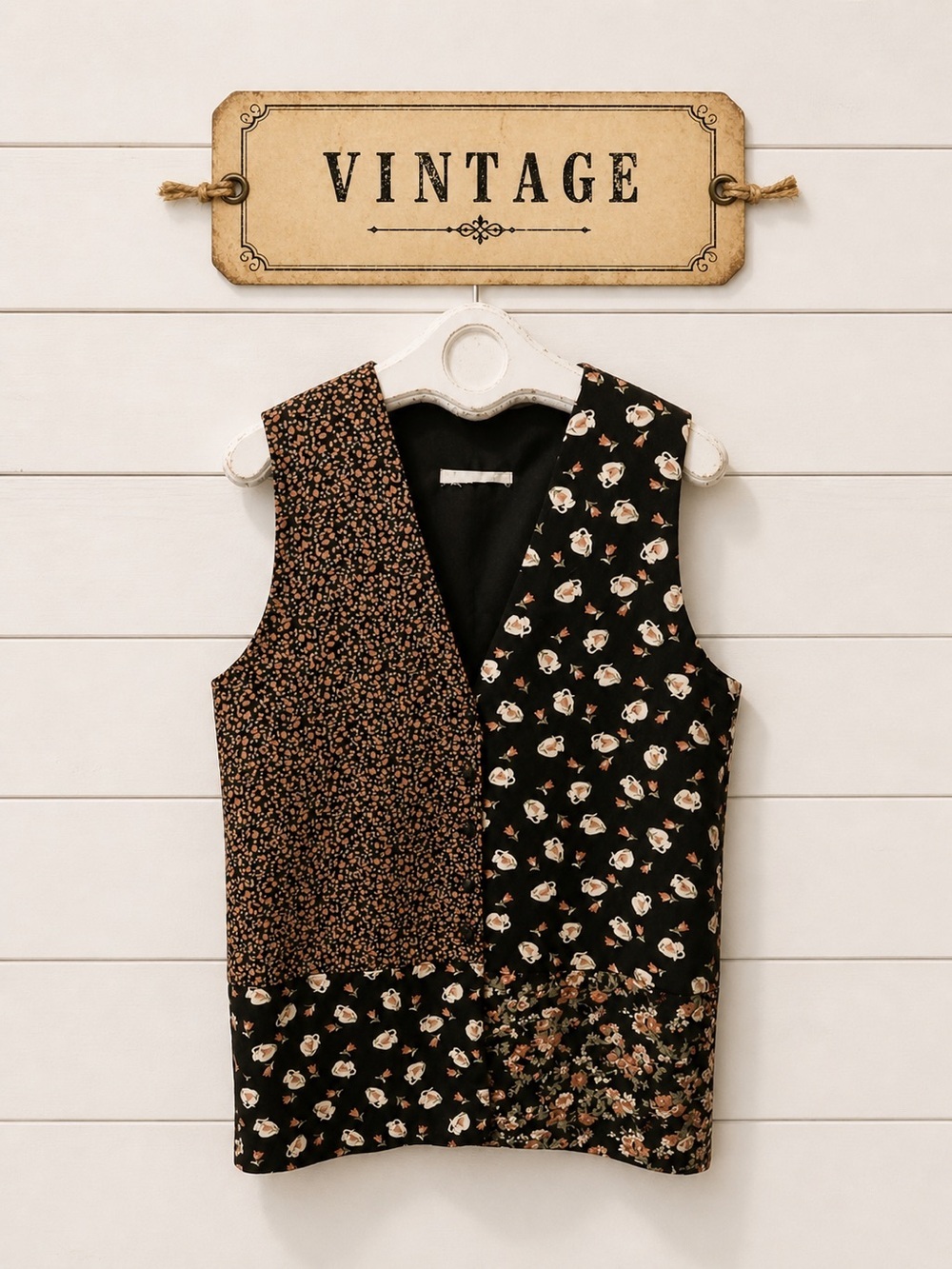 VINTAGE – Sleeveless Mixed Floral Patchwork Top (Approx. Size L)